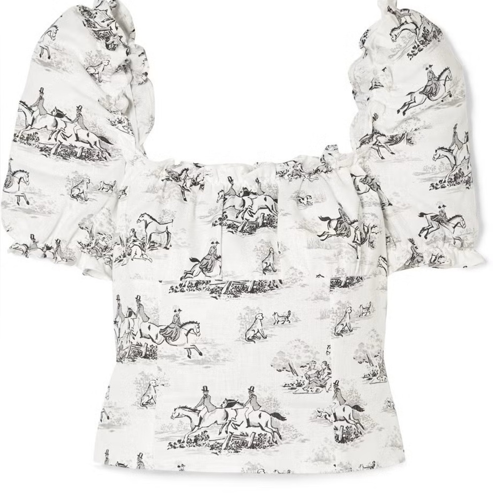 Reformation White Cream Horse Print Puff Sleeve Crop Top